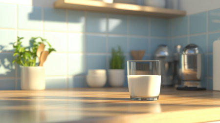 A serene kitchen scene featuring a glass of fresh milk on a wooden table, surrounded by greenery and kitchen essentials, perfect for a healthy morning beverage.の素材