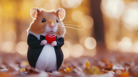 A cute hamster dressed in a tuxedo holds a red heart, surrounded by autumn leaves and warm colors, capturing a playful and whimsical moment in nature.の素材