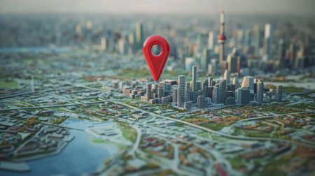 A striking visual of a red location pin positioned on a detailed city map, showcasing an urban landscape and emphasizing navigation and exploration.の素材