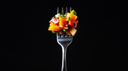 A vibrant salad featuring fresh diced vegetables on a fork captured against a black background, highlighting healthy eating and culinary art. Perfect for food photography and healthy lifestyle themes.の素材