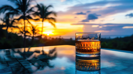 A beautiful glass of whiskey rests on a table as the sun sets, casting warm colors over the tropical landscape, creating a serene and inviting atmosphere perfect for relaxation.の素材