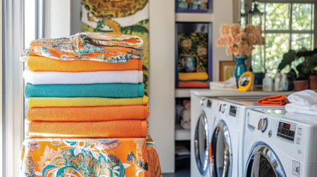 Colorful towels are neatly stacked in a bright laundry room, creating a cheerful atmosphere. The vibrant colors and organized design enhance the home aesthetic appeal.の素材