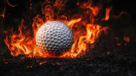 A dramatic scene featuring a golf ball engulfed in flames against a dark background. This striking visual captures energy and intensity, perfect for sports and action themes.の素材