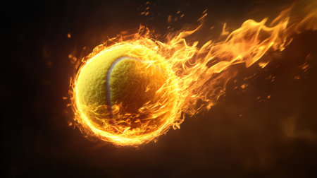 A striking image of a tennis ball engulfed in flames, depicting intense motion and energy. The dynamic composition emphasizes exciting action and sports aesthetics.の素材