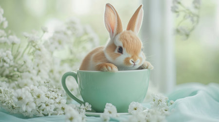 A charming little bunny sits snugly in a mint-colored cup, surrounded by delicate white flowers. This adorable scene captures the essence of spring and tranquility.の素材