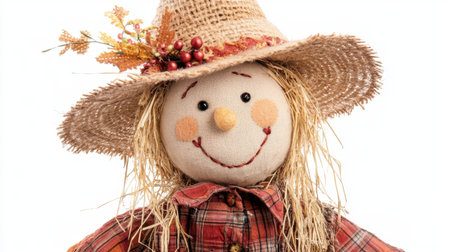 This charming scarecrow figure features a cheerful expression, straw hair, and a classic plaid shirt, perfect for autumn decorations and festive displays.の素材