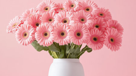 A beautiful arrangement of fresh pink gerbera daisies in a white vase, set against a soft pink background, perfect for home decor and celebrations.の素材