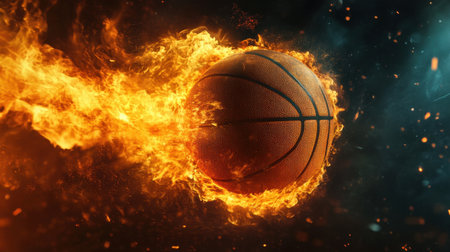 A captivating representation of a basketball engulfed in flames, symbolizing energy and passion in sports. Ideal for athletic themes and coaching.の素材
