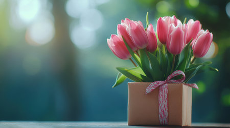 A charming arrangement of pink tulips elegantly displayed in a gift box, set against a serene natural background. Perfect for celebrations or gifting.の素材