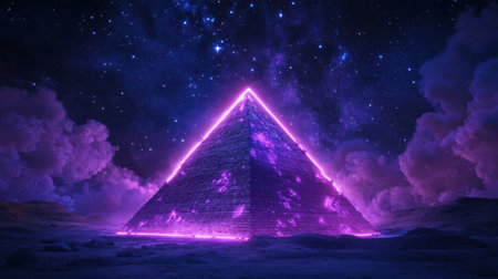 This captivating image features a neon pink pyramid glowing under a starry sky. Surrounded by purple clouds, it creates a mystical and surreal landscape, inviting wonder.の素材