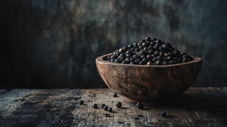 A rustic wooden bowl overflowing with whole black pepper grains, set on a dark wooden table, creating a warm, inviting ambiance for culinary inspirations and food styling.の素材