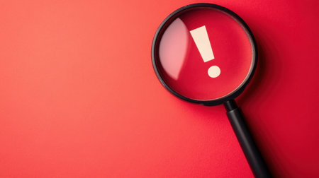 A close-up view of a magnifying glass focusing on an exclamation point against a vibrant red background. This image conveys emphasis and alertness, perfect for conveying important messages.の素材