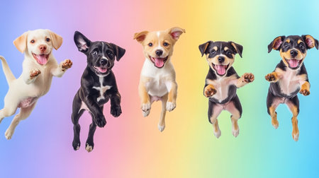 Five joyful dogs leap playfully against a vibrant, colorful background. The scene captures the essence of fun, companionship, and energy, perfect for pet lovers.の素材