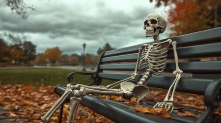 A skeleton figure rests on a park bench amid vibrant autumn leaves, creating a whimsical and eerie atmosphere. The dramatic clouds add depth to the scene.の素材