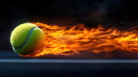 A vibrant tennis ball surges forward, surrounded by flames, capturing the intensity and excitement of a fast-paced game. Perfect for sports imagery.の素材