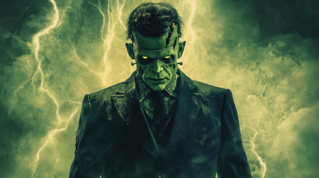 A striking horror character stands against a backdrop of green hues and lightning. The eerie atmosphere evokes feelings of fear and fascination, perfect for any spooky-themed project.の素材