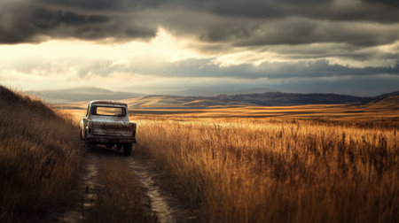 A weathered pickup truck sits quietly on a dirt road, surrounded by golden fields under a dramatic sky at sunset, evoking a sense of adventure and tranquility.の素材