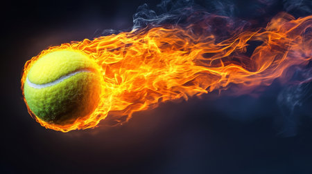 A tennis ball bursts into flames, creating a striking visual effect. The intense motion conveys speed and energy, perfect for sports-themed projects.の素材