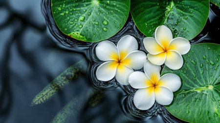 A serene water scene featuring delicate white flowers resting on vibrant green leaves, accentuated by raindrops. Perfect for nature and tranquility themes.の素材