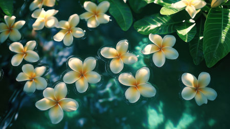 Gentle plumeria flowers rest on the tranquil surface of water, creating a peaceful and serene scene. Sunlight reflects off the blossoms, enhancing their beauty.の素材