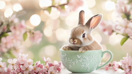 A delightful young bunny sits in a decorative teacup among beautiful blossoms, creating a charming springtime scene with soft bokeh lights.の素材