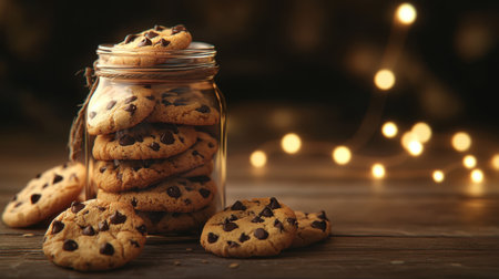 A delightful jar filled with homemade chocolate chip cookies rests on a rustic wooden table, surrounded by soft glowing lights, evoking warmth and comfort.の素材