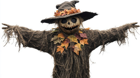 A spooky scarecrow stands with arms outstretched, adorned with autumn leaves and a wide-brimmed hat. Perfect for Halloween or fall-themed decorations.の素材