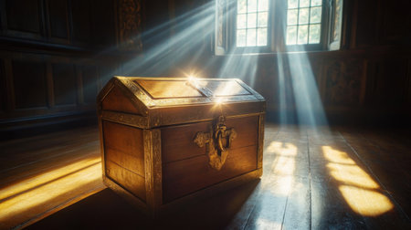 A stunning antique treasure chest illuminates a dim room, with golden rays of sunlight streaming through a window, creating a captivating ambiance.の素材
