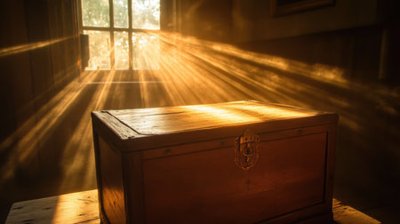 A beautiful wooden treasure chest sits illuminated by soft sunlight, casting enchanting rays through dust in the room, evoking warmth and nostalgia.の素材