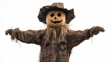 A festive scarecrow with a pumpkin head and straw arms stands tall against a clear sky. This iconic autumn decoration embodies Halloween spirit and rural charm.の素材