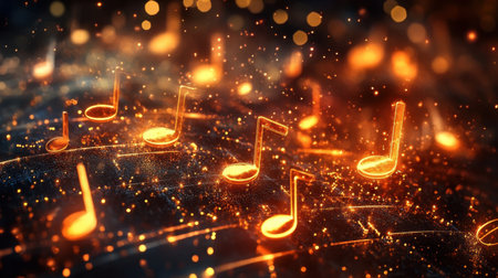 Bright glowing musical notes dance across a sparkling background, creating an enchanting and vibrant atmosphere filled with color and energy.の素材