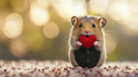 This charming hamster dressed in a tiny suit holds a red heart, embodying cuteness and affection in a soft-focused, vibrant setting celebrating love and companionship.の素材