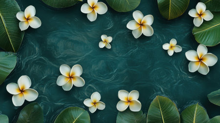 This image showcases a serene water surface adorned with delicate white flowers and lush green leaves, creating a tranquil and peaceful atmosphere ideal for relaxation and nature themes.の素材