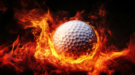This striking image features a golf ball engulfed in vibrant flames and smoke, illustrating power and intensity. Perfect for sports and energy themes.の素材