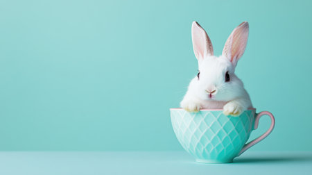 A charming white rabbit peeks out of a pastel mint green teacup, creating a lighthearted and whimsical scene perfect for animal lovers and seasonal themes.の素材