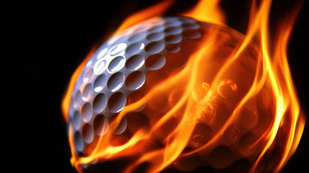 A captivating image of a golf ball engulfed in flames, symbolizing energy and intensity in sports. The vibrant colors and dramatic effects convey passion and action.の素材