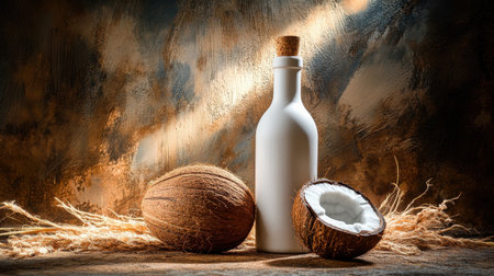 A serene still life featuring a white bottle and halved coconut on a rustic surface. The artistic lighting enhances the natural textures, perfect for culinary themes.の素材