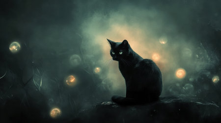 A captivating image of a black cat sitting in a dark, enchanted forest, surrounded by glowing orbs, evoking a sense of mystery and magic in nature.の素材