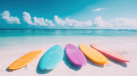 Five vibrant surfboards rest on the soft sand of a tropical beach. The calm ocean sparkles under a clear blue sky, inviting leisure and adventure.の素材