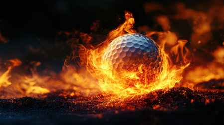 A striking image of a golf ball engulfed in flames, symbolizing intensity and power. The vibrant colors and dramatic contrast create a captivating visual impact.の素材