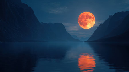A breathtaking night landscape featuring a bright full moon illuminating calm waters, surrounded by majestic mountains and a serene atmosphere.の素材