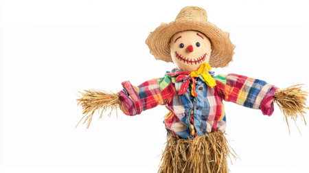 A vibrant and cheerful scarecrow with a smiling face stands against a white background, showcasing colorful attire and straw accents, perfect for seasonal decoration.の素材