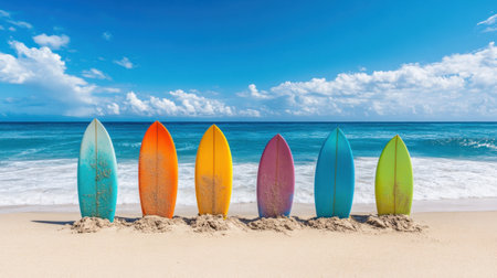 A vibrant display of colorful surfboards lined up on a sandy beach, with a stunning ocean view and a brilliant blue sky, perfect for summer adventures.の素材