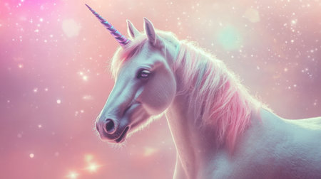 Captivating unicorn with a colorful mane set against a dreamy, magical background. This enchanting image evokes imagination and wonder, ideal for fantasy-themed projects.の素材