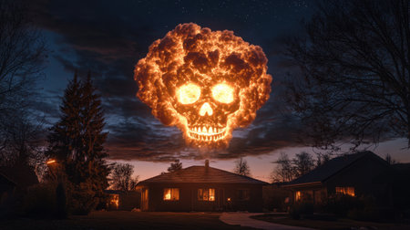 A captivating night scene featuring a dramatic explosion forming a skull shape in the sky. The eerie atmosphere is enhanced by vibrant fire effects illuminating nearby houses.の素材