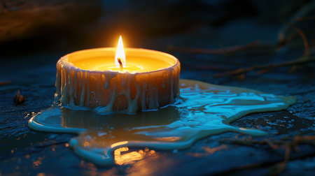 A soothing candle emits a warm glow with wax cascading down the side, creating a tranquil atmosphere. Ideal for relaxation and meditation themes.の素材