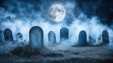 A haunting graveyard scene featuring tombstones under a full moon, shrouded in fog. The eerie atmosphere captures the essence of mystery and quiet solitude, perfect for Halloween themes.の素材