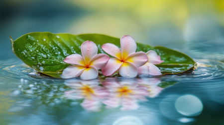 Discover the beauty of serene pink flowers resting on a green leaf, gently floating on calm water, creating a tranquil and peaceful scene perfect for relaxation.の素材