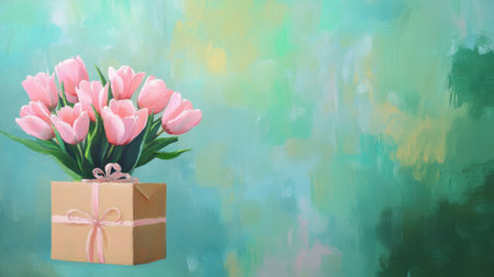 A beautiful arrangement of pink tulips in a gift box on a soft green abstract background, perfect for celebrating special occasions and expressing love.の素材