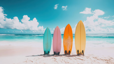 Vibrant surfboards stand in a row on the sandy beach, showcasing bright colors against a serene ocean backdrop. This image captures the essence of summer fun.の素材
